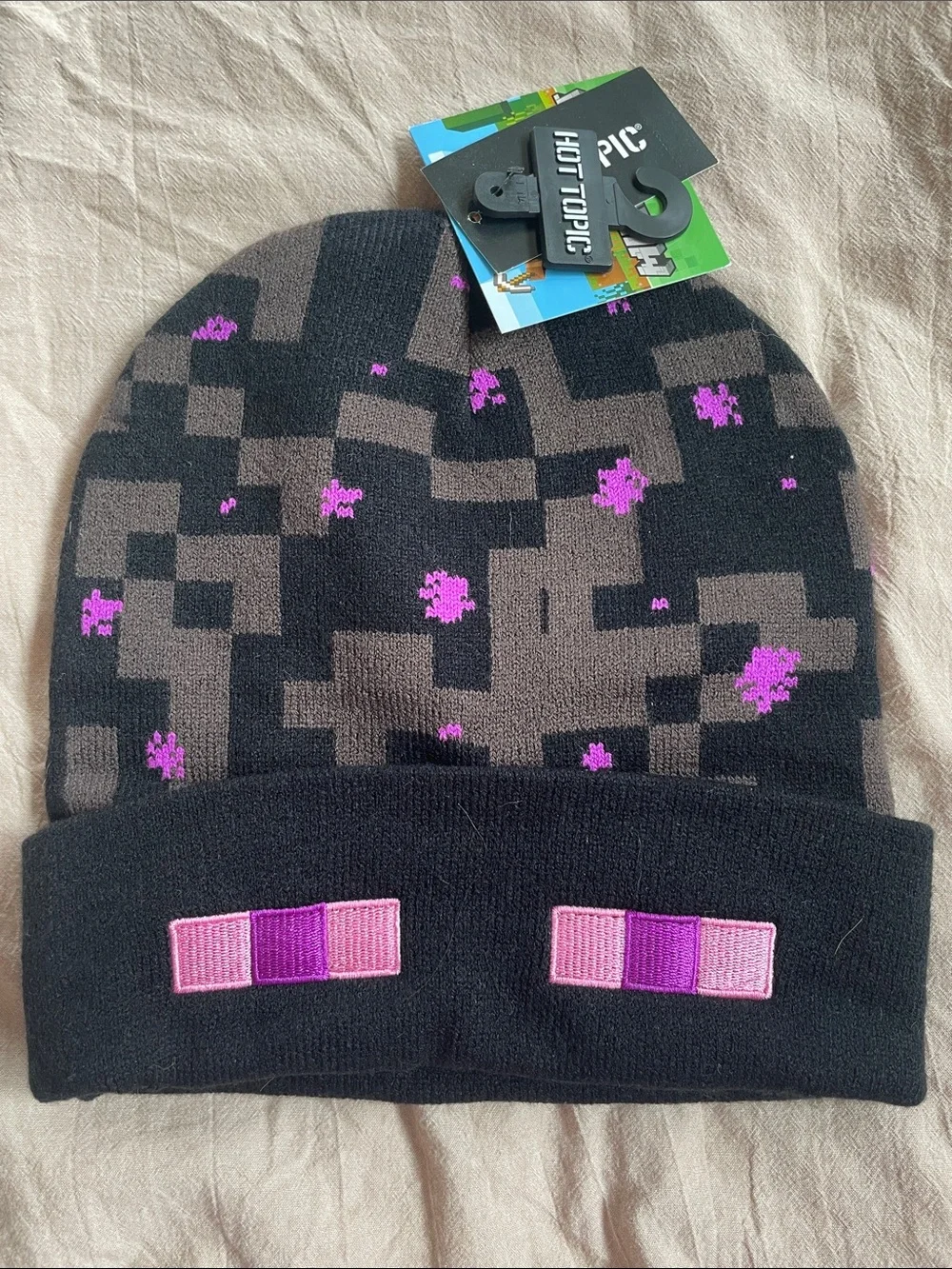 Hot Topic Black & Purple Minecraft Pixel Beanie for Kids